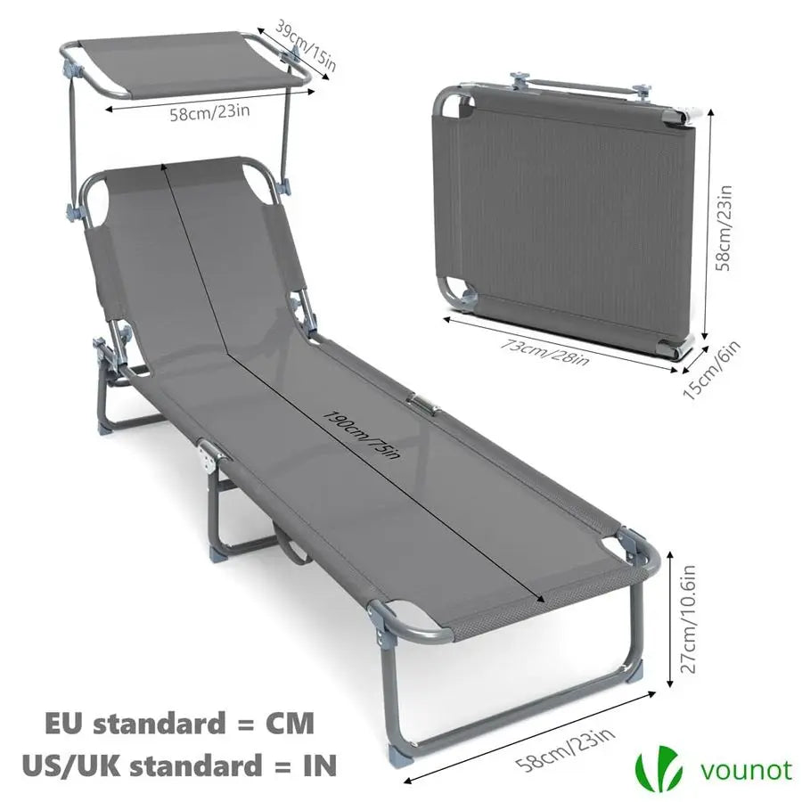 Folding Sun Loungers Set of 2, Textilene Reclining Sunbed with Adjustable Backrest amp Sunshade for Garden, Beach, Patio, Pool,
