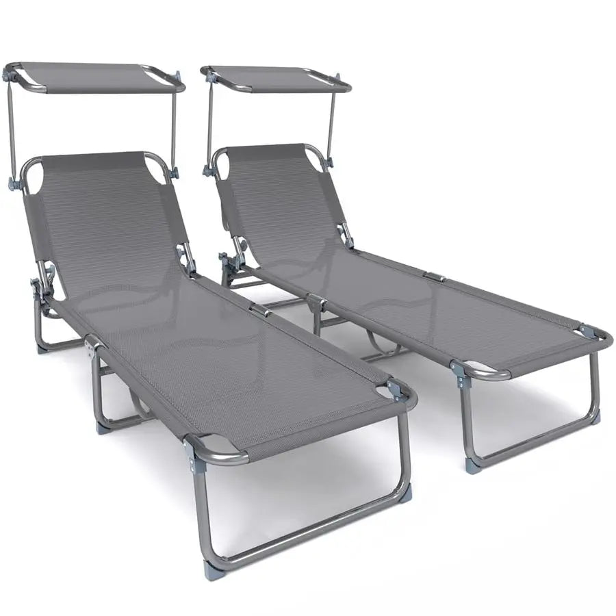 Folding Sun Loungers Set of 2, Textilene Reclining Sunbed with Adjustable Backrest amp Sunshade for Garden, Beach, Patio, Pool,