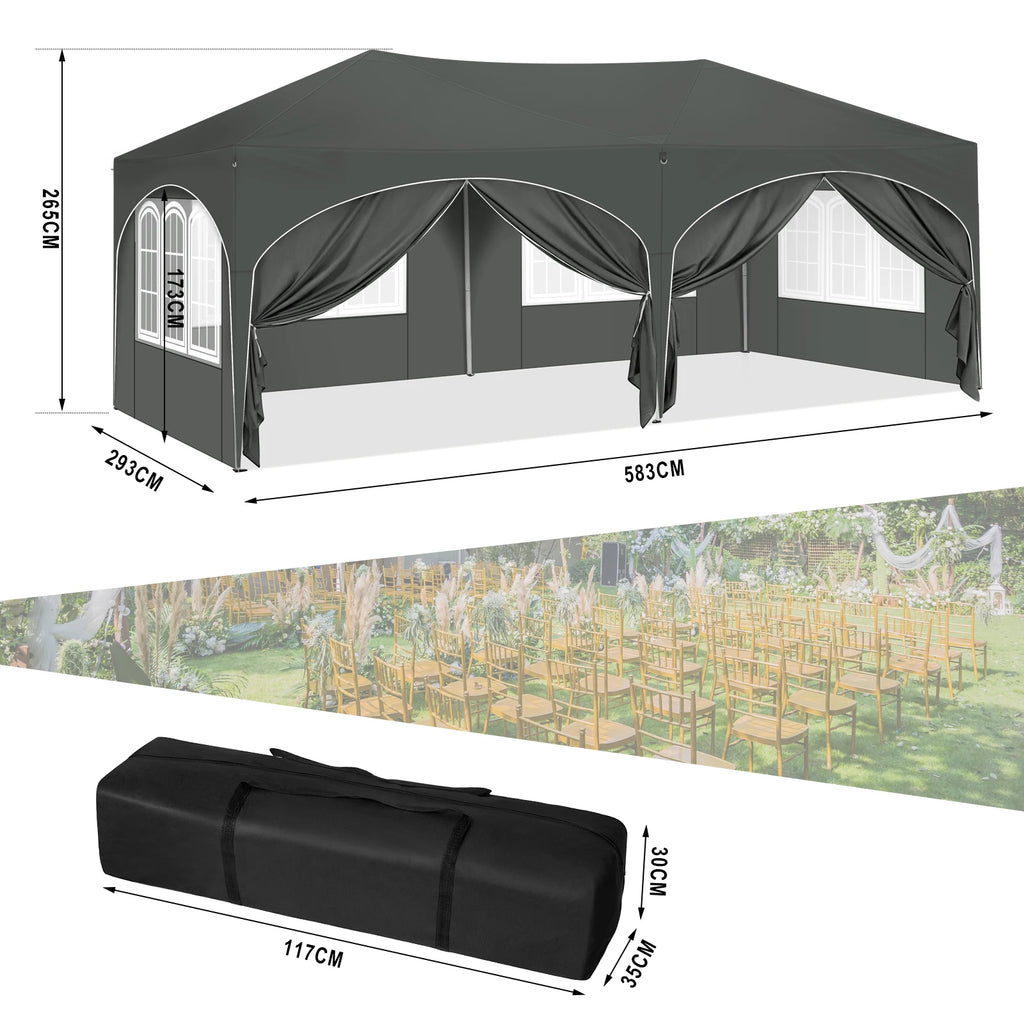 Folding Pavilion Gazebo 3x6m Garden Canopy with 6 Sidewalls Adjustable Height