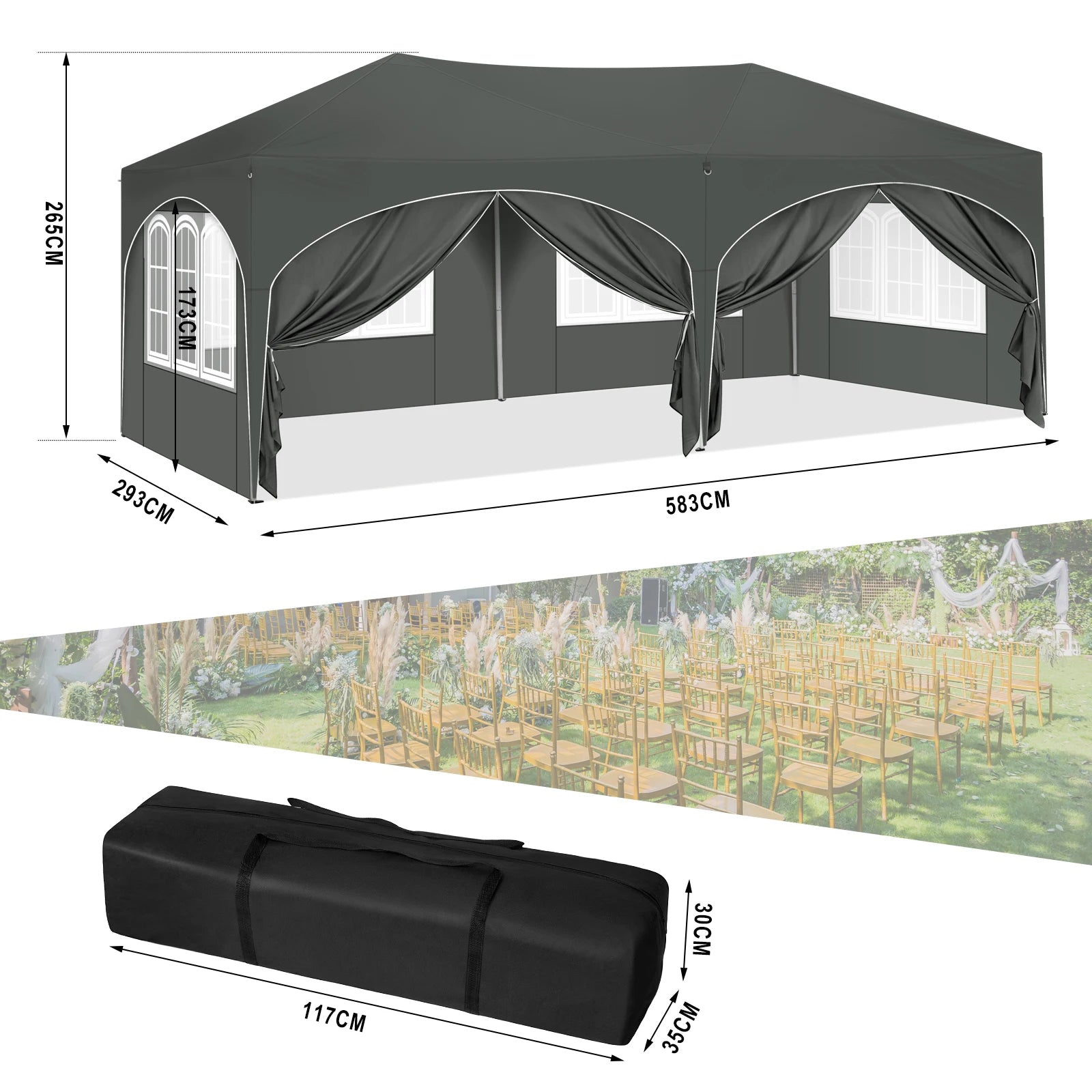 Folding Pavilion Gazebo 3x6m Garden Canopy with 6 Sidewalls Adjustable Height