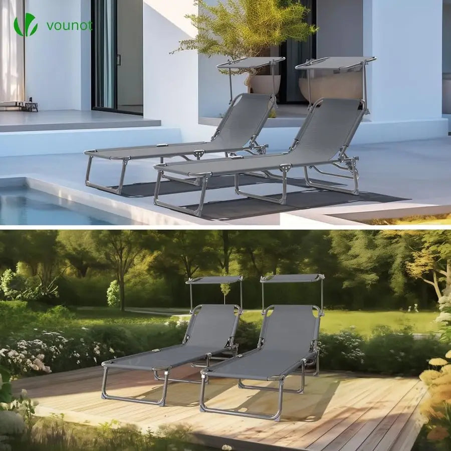 Folding Sun Loungers Set of 2, Textilene Reclining Sunbed with Adjustable Backrest amp Sunshade for Garden, Beach, Patio, Pool,
