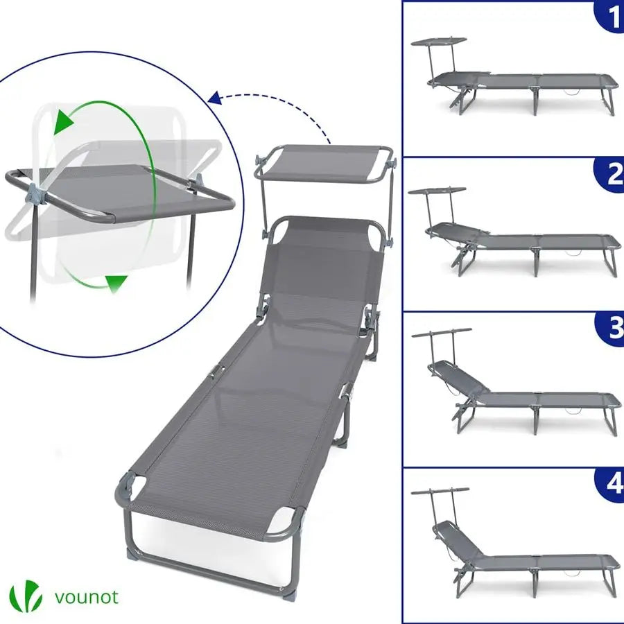 Folding Sun Loungers Set of 2, Textilene Reclining Sunbed with Adjustable Backrest amp Sunshade for Garden, Beach, Patio, Pool,